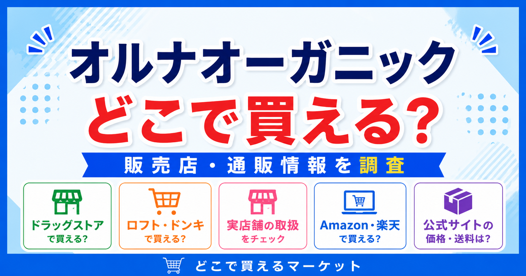 オルナオーガニックをどこで買えるかが分かるデザインで、ドラッグストアやバラエティショップ、Amazon・楽天・公式サイトなど実店舗と通販の販売情報を見やすく整理した構成になっている。
