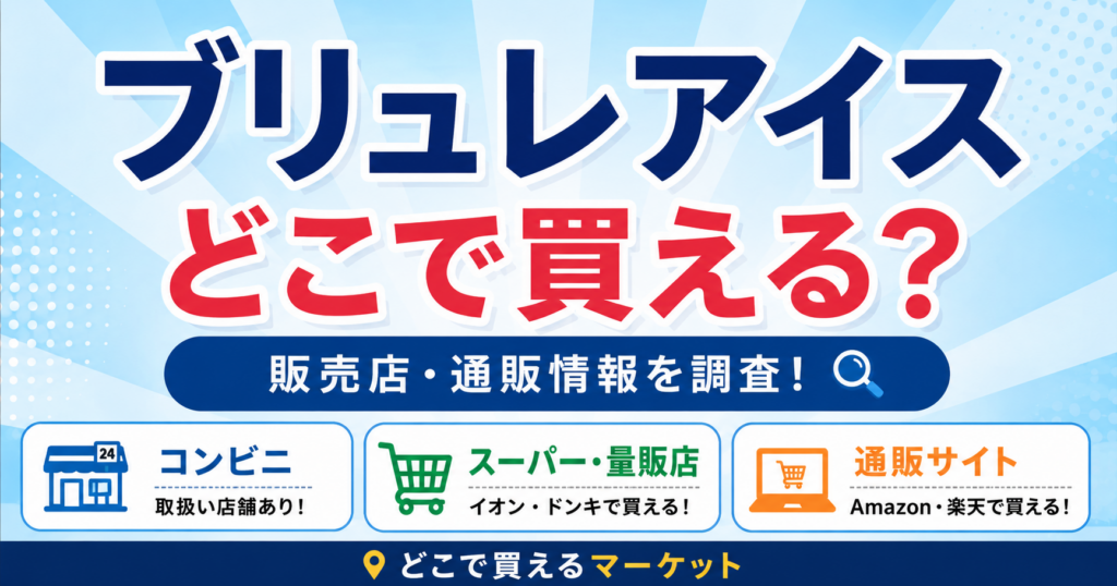 ブリュレアイスがどこで買えるかを紹介するデザインで、コンビニ・スーパー・通販サイトの販売店情報を分かりやすく整理し、購入できる場所を比較できる構成になっている画像