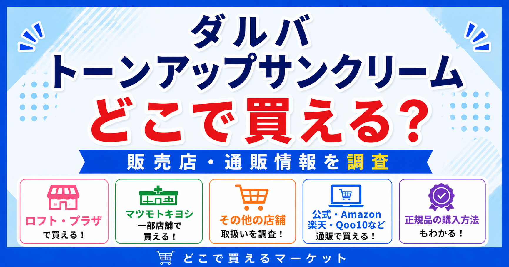 ダルバ トーンアップサンクリームをどこで買えるかが分かるデザインで、ロフトやプラザ、マツモトキヨシなどの実店舗と公式オンラインショップ・Amazon・楽天・Qoo10など通販の販売情報を分かりやすく整理した構成になっている。