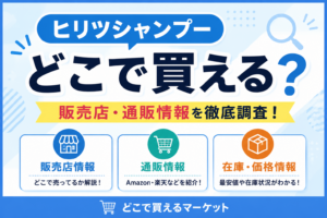 ヒリツシャンプーがどこで買えるかを紹介するデザインで、販売店情報・通販情報・在庫や価格情報を3つの枠で整理し、実店舗とオンライン購入先を分かりやすくまとめている