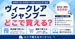 ヴィークレア シャンプーがどこで買えるかを紹介する図で、ドラッグストア・ロフト・@cosme store・イオンなどの販売店や、Amazon・楽天・公式通販で購入できること、シリーズの違いや選び方を分かりやすくまとめている