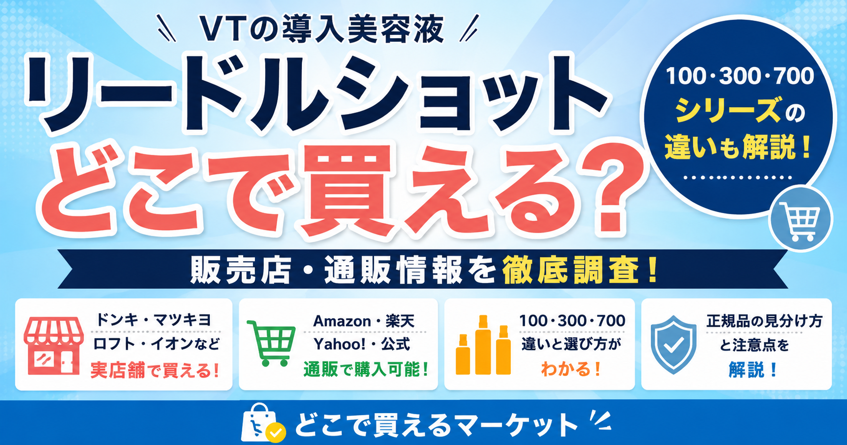リードルショットの販売店や通販情報、100・300・700シリーズの違い、ドンキ・マツキヨ・ロフトなどの実店舗での取扱状況や正規品の見分け方をわかりやすくまとめたデザインです。